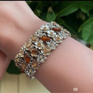 Premier Designs Floral Statement Bracelet Gold Tone Amber Crystal Wide Cuff
